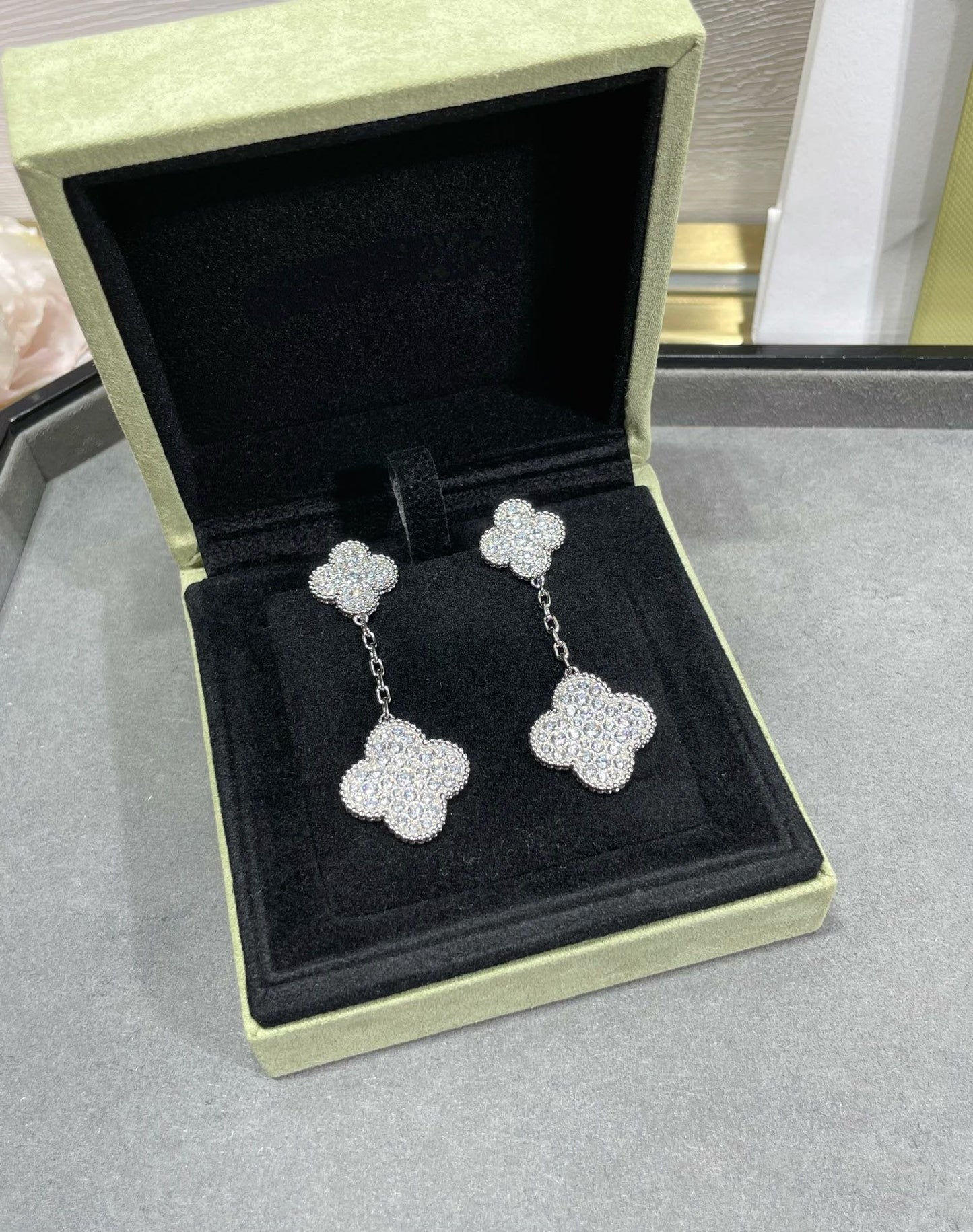 [WZQ]CLOVER 2 MOTIFS DIAMOND PAVED SILVER EARRINGS