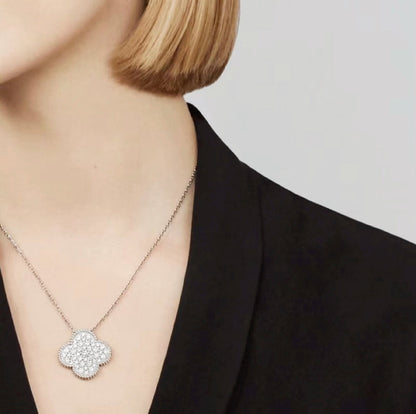 [WZQ]CLOVER 25MM LARGE PENDANT DIAMOND PAVED SILVER NECKLACE