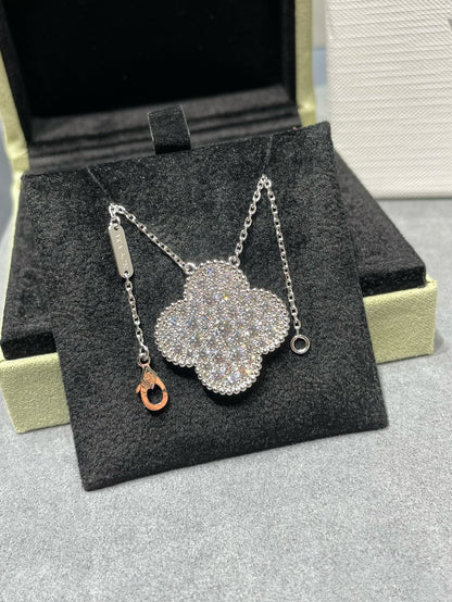 [WZQ]CLOVER 25MM LARGE PENDANT DIAMOND PAVED SILVER NECKLACE