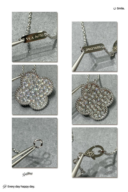 [WZQ]CLOVER 25MM LARGE PENDANT DIAMOND PAVED SILVER NECKLACE