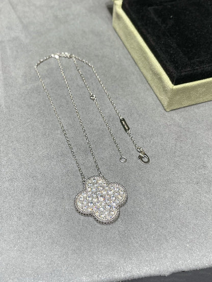[WZQ]CLOVER 25MM LARGE PENDANT DIAMOND PAVED SILVER NECKLACE