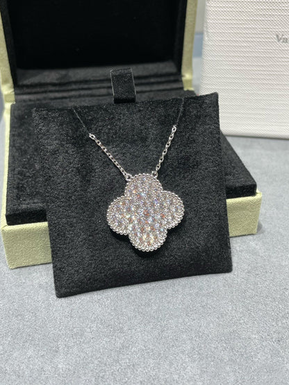 [WZQ]CLOVER 25MM LARGE PENDANT DIAMOND PAVED SILVER NECKLACE