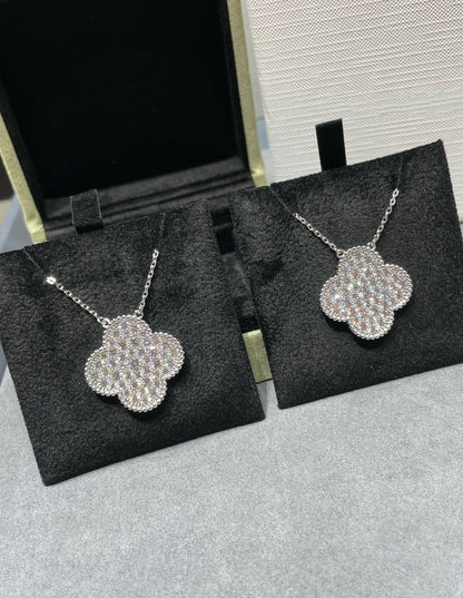 [WZQ]CLOVER 25MM LARGE PENDANT DIAMOND PAVED SILVER NECKLACE