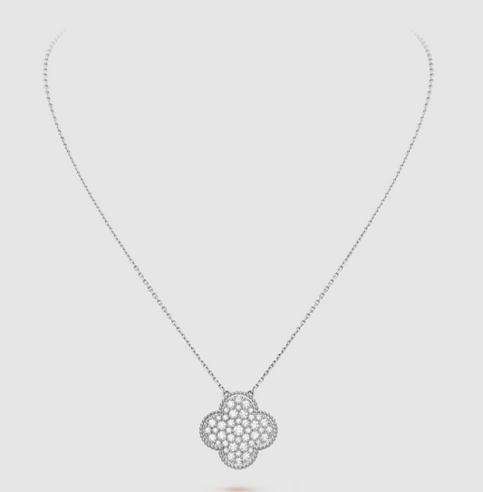 [WZQ]CLOVER 25MM LARGE PENDANT DIAMOND PAVED SILVER NECKLACE